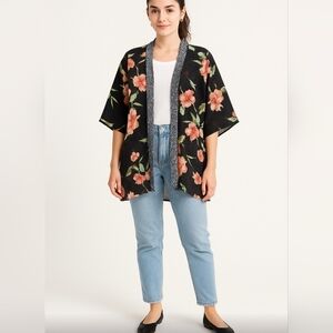 BOG Band of Gypsies Sheer Black Floral Kimono Robe Floaty Cover Up, Size S